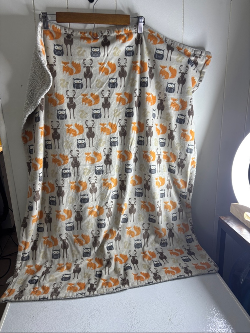 Cozy Woodland Sherpa baby blanket - Cream with Orange & Brown Animal Print